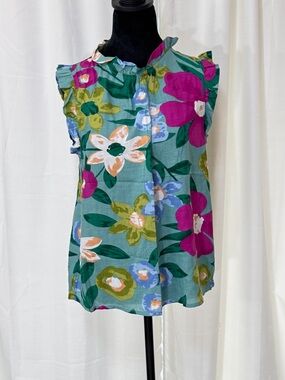 THML Darling Teal & Pink Floral Ruffle-Neck Sleeveless Top, SZ Med